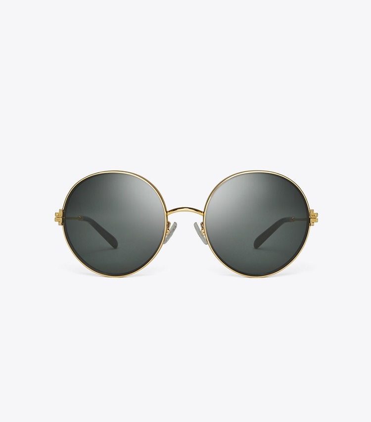 TORY BURCH ELEANOR METAL ROUND SUNGLASSES - Shiny Gold/Dark Grey - Click Image to Close