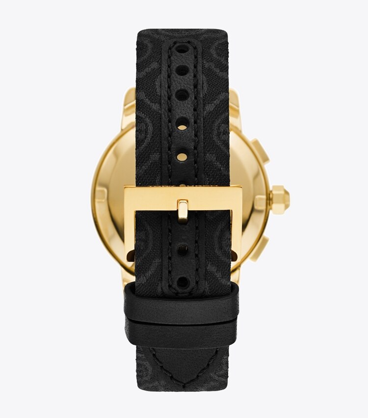 TORY BURCH TORY CHRONOGRAPH WATCH, T MONOGRAM JACQUARD/ LEATHER/ GOLD-TONE STAINLESS STEEL - Black/Gold/Black T Monogram Jacquard