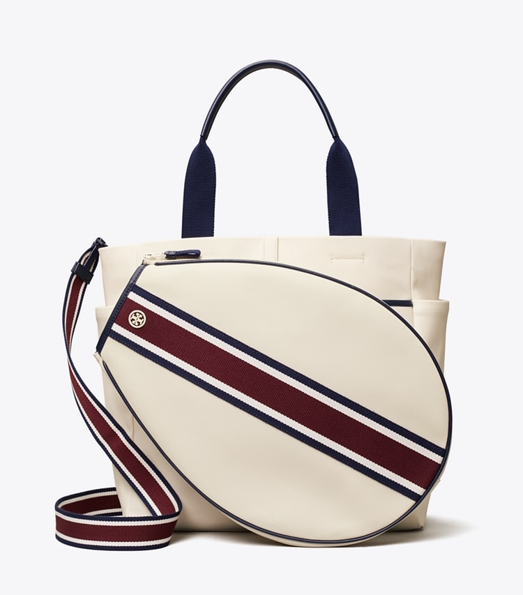 TORY BURCH CONVERTIBLE STRIPE TENNIS TOTE - Ivory Pearl / Winetasting