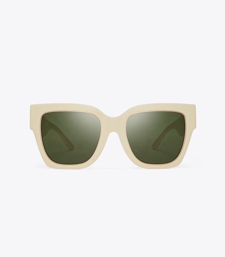 TORY BURCH KIRA SQUARE SUNGLASSES - Ivory/Solid Green