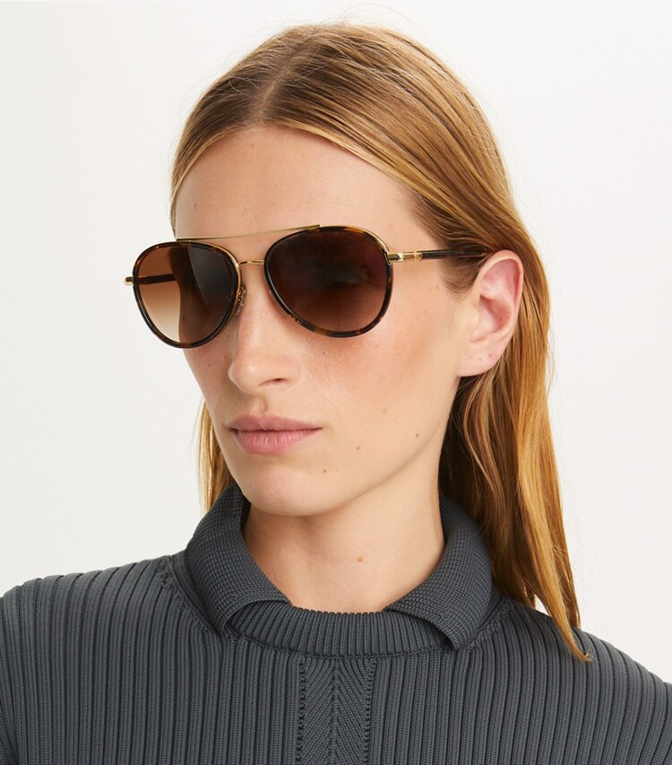 TORY BURCH ELEANOR PILOT SUNGLASSES - Dark Tortoise