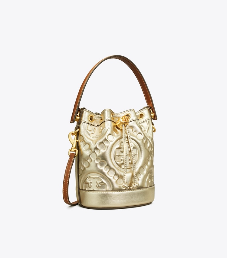 TORY BURCH T MONOGRAM EMBOSSED METALLIC MINI BUCKET BAG - Gold - Click Image to Close