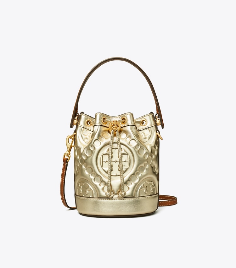 TORY BURCH T MONOGRAM EMBOSSED METALLIC MINI BUCKET BAG - Gold