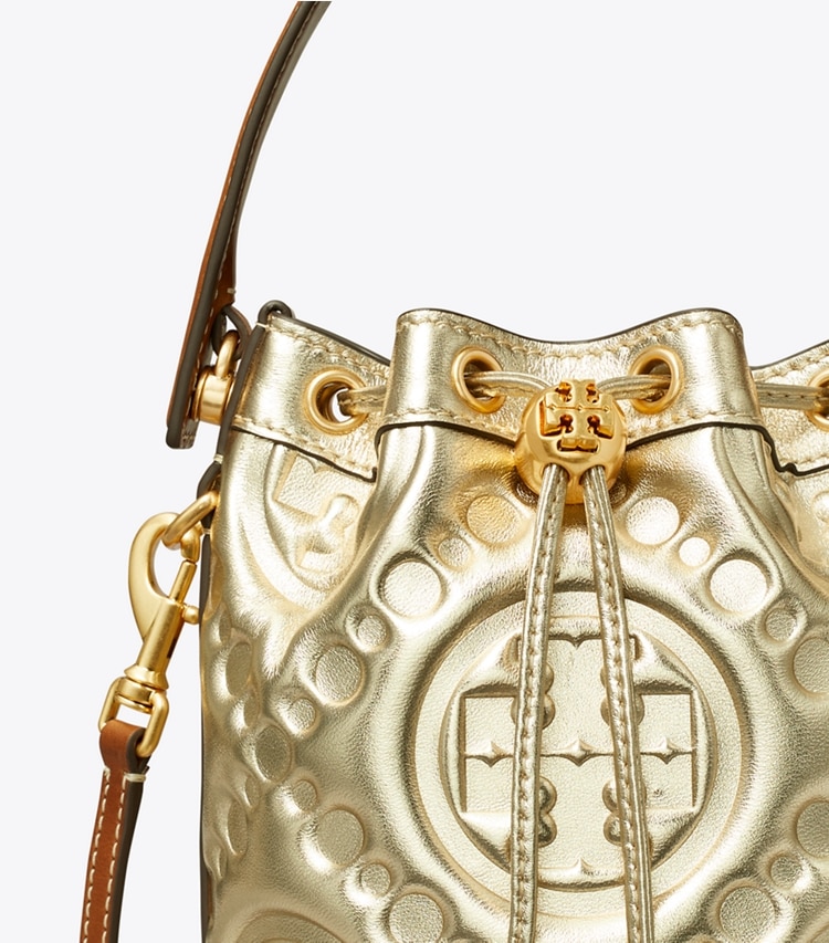 TORY BURCH T MONOGRAM EMBOSSED METALLIC MINI BUCKET BAG - Gold