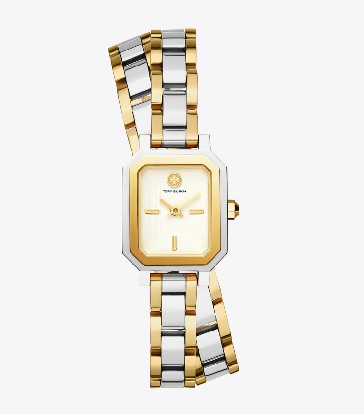 TORY BURCH ROBINSON MINI WATCH, TWO-TONE GOLD/STAINLESS STEEL - Silver/Gold/Ivory - Click Image to Close