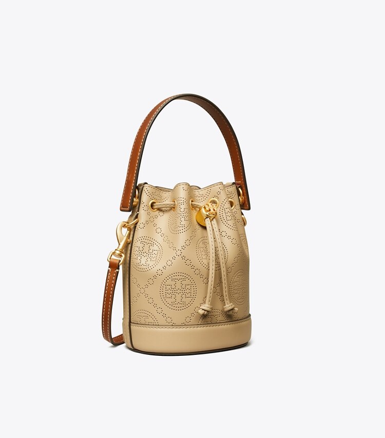 TORY BURCH MINI T MONOGRAM PERFORATED LEATHER BUCKET BAG - Almond Flour