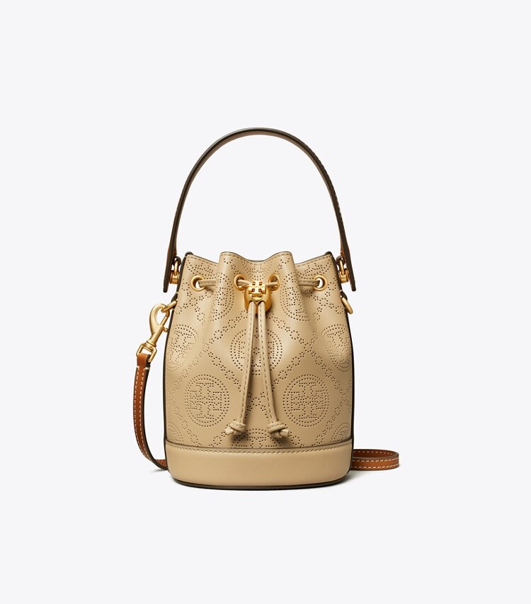 TORY BURCH MINI T MONOGRAM PERFORATED LEATHER BUCKET BAG - Almond Flour