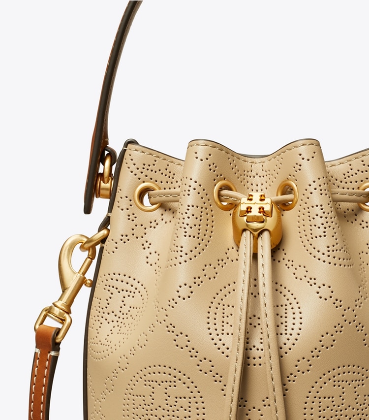 TORY BURCH MINI T MONOGRAM PERFORATED LEATHER BUCKET BAG - Almond Flour