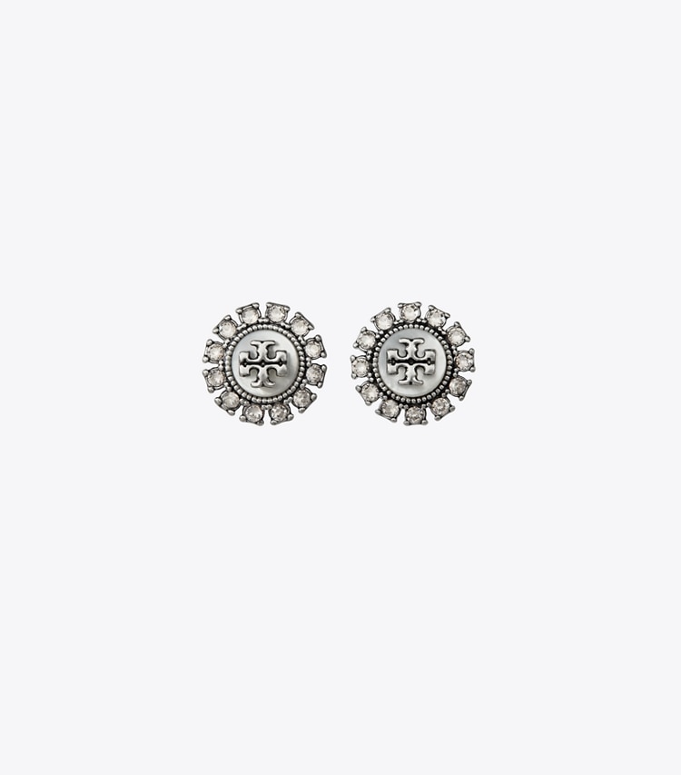 TORY BURCH KIRA CRYSTAL STUD EARRING - Antique Pewter / Mop / Crystal - Click Image to Close