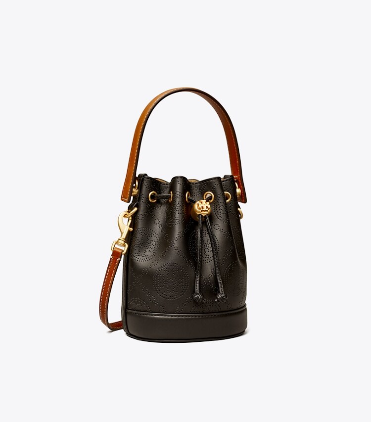 TORY BURCH MINI T MONOGRAM PERFORATED LEATHER BUCKET BAG - Black