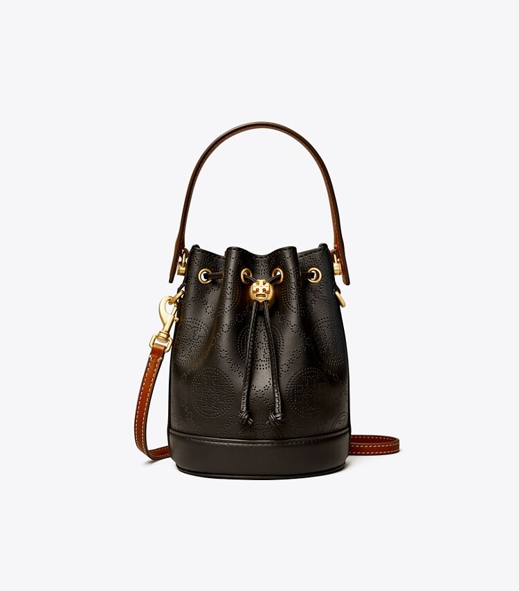 TORY BURCH MINI T MONOGRAM PERFORATED LEATHER BUCKET BAG - Black