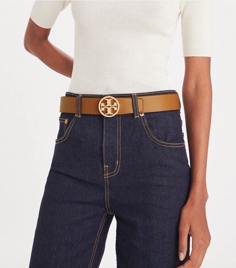 TORY BURCH 1.5"MILLER REVERSIBLE BELT - Earthy Cane / Kobicha / Gold