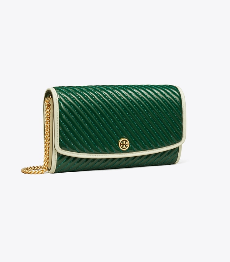 TORY BURCH ROBINSON PATENT QUILTED CHAIN WALLET - Pine Tree - Click Image to Close