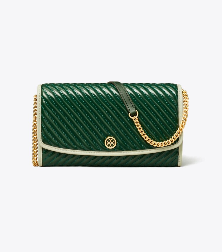 TORY BURCH ROBINSON PATENT QUILTED CHAIN WALLET - Pine Tree