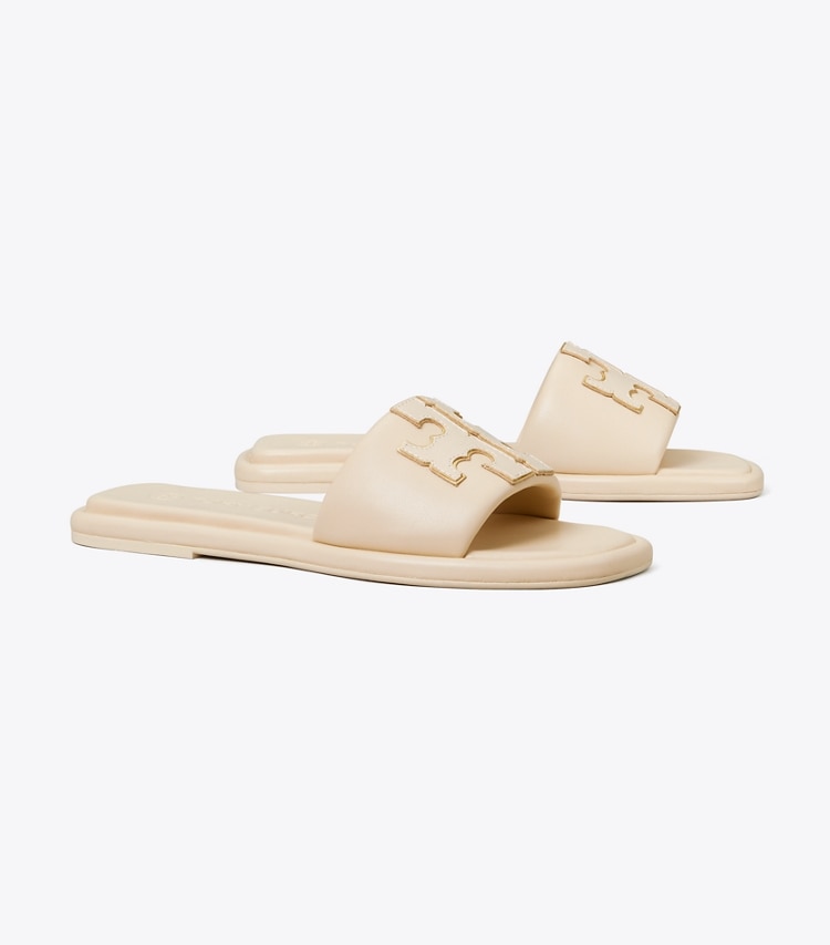 TORY BURCH DOUBLE T SPORT SLIDE - Dulce De Leche / Gold - Click Image to Close