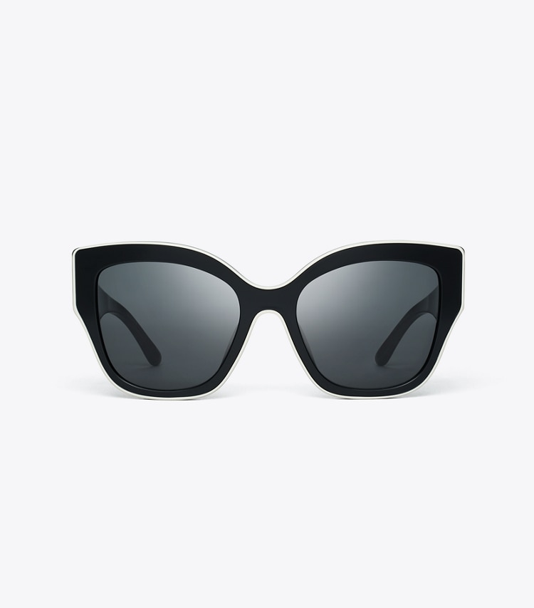 TORY BURCH OVERSIZED CAT-EYE SUNGLASSES - Black W/Ivory Piping/Solid Grey - Click Image to Close