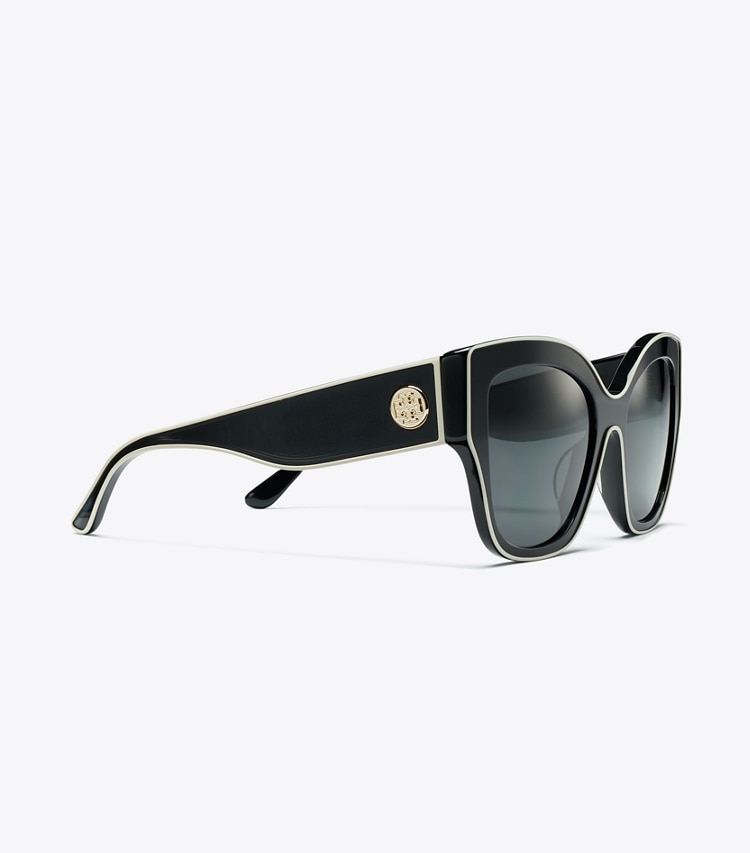 TORY BURCH OVERSIZED CAT-EYE SUNGLASSES - Black W/Ivory Piping/Solid Grey