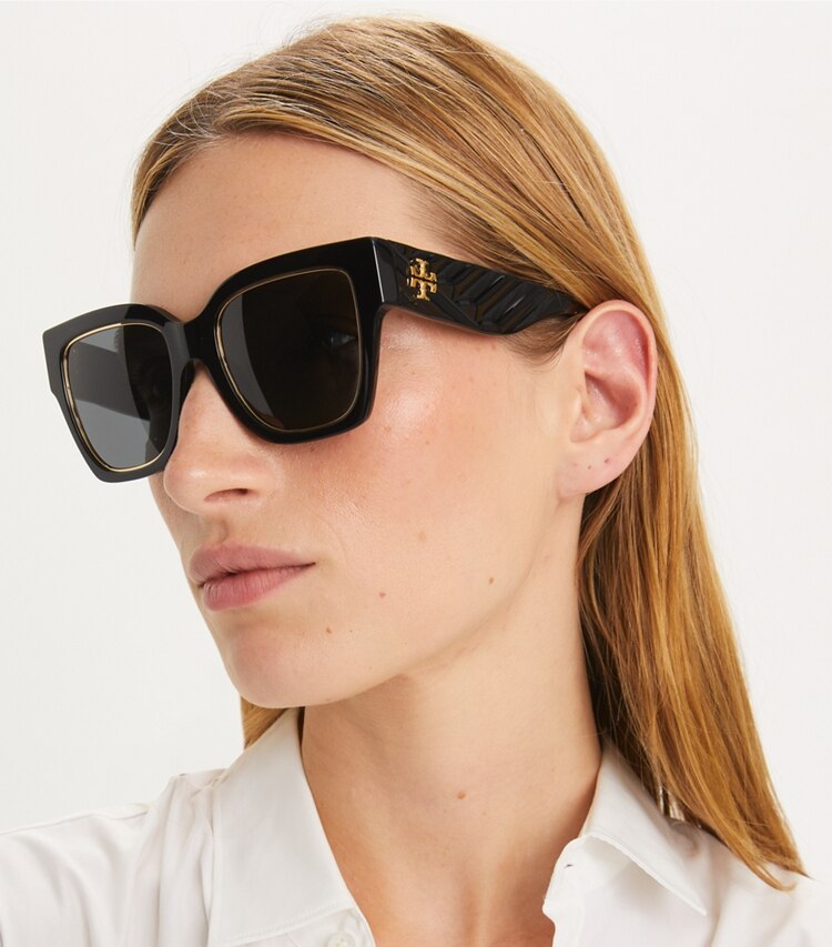 TORY BURCH KIRA SQUARE SUNGLASSES - Black/Solid Grey