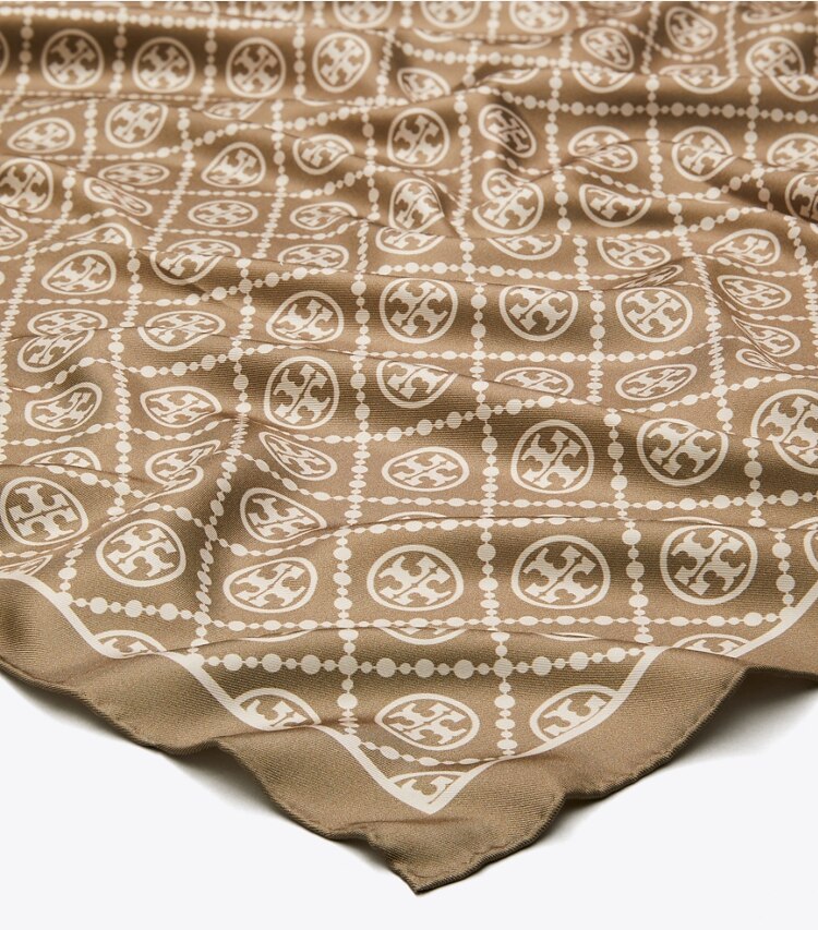 TORY BURCH T MONOGRAM DOUBLE-SIDED SILK SQUARE SCARF - Natural Khaki