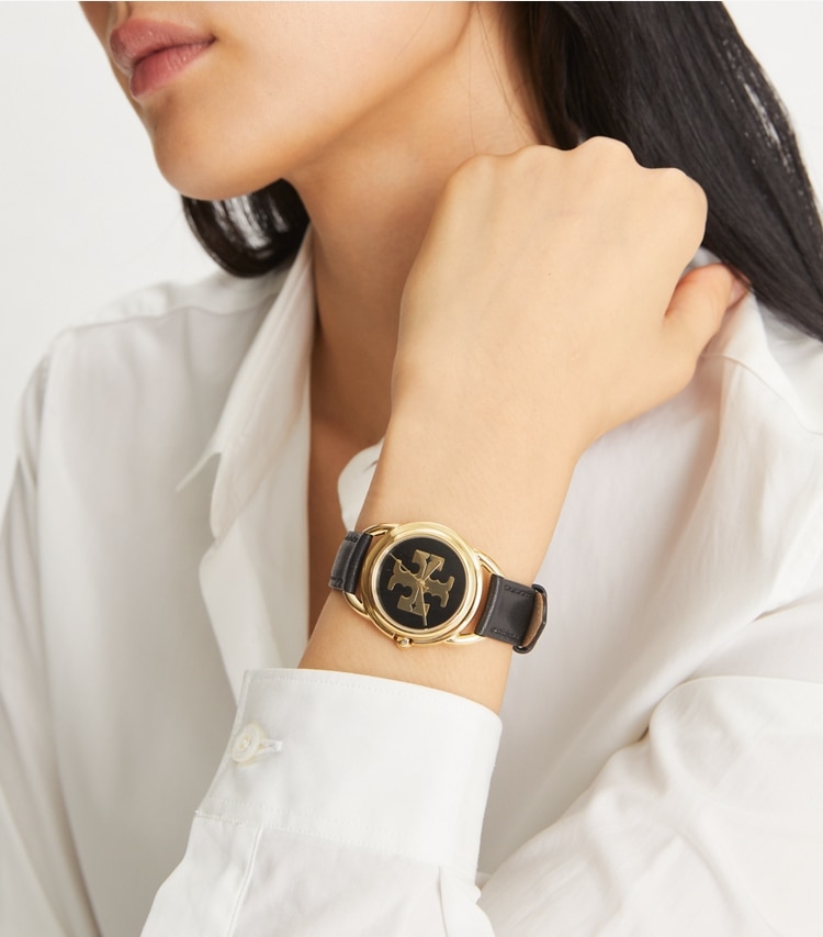 TORY BURCH MILLER WATCH, LEATHER / GOLD-TONE STAINLESS STEEL - Ivory/Gold/Luggage