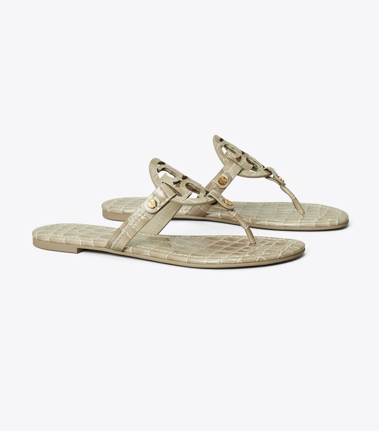 TORY BURCH MILLER CROC EMBOSSED LEATHER SANDAL - Smokey Taupe - Click Image to Close