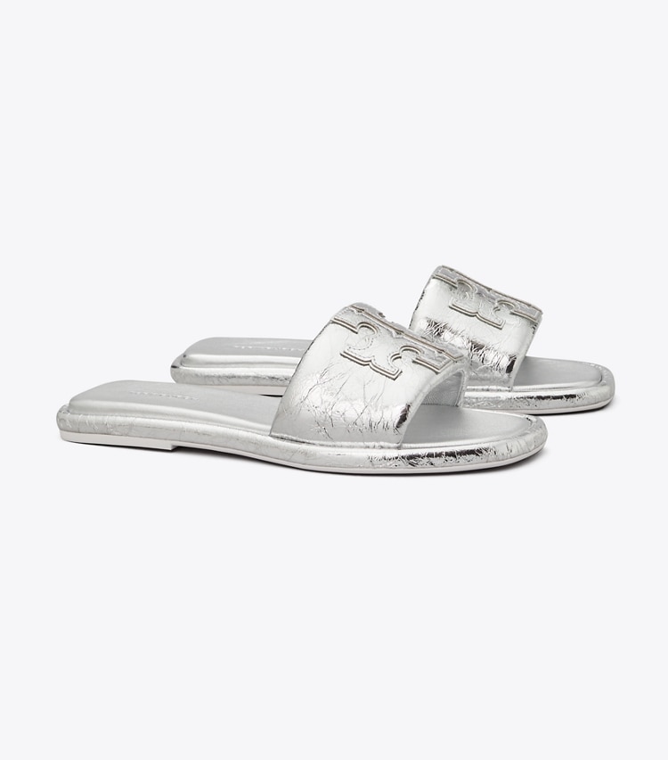 TORY BURCH DOUBLE T SPORT SLIDE - Silver - Click Image to Close