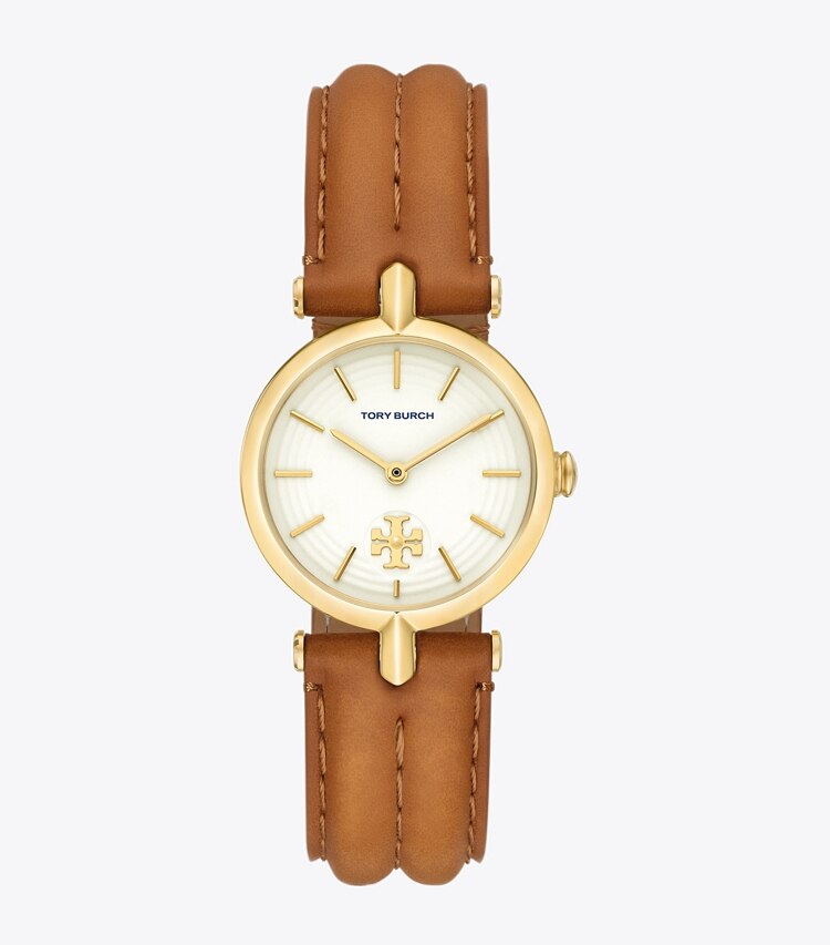 TORY BURCH KIRA WATCH, LEATHER/GOLD-TONE STAINLESS STEEL - Ivory/Gold/Luggage - Click Image to Close