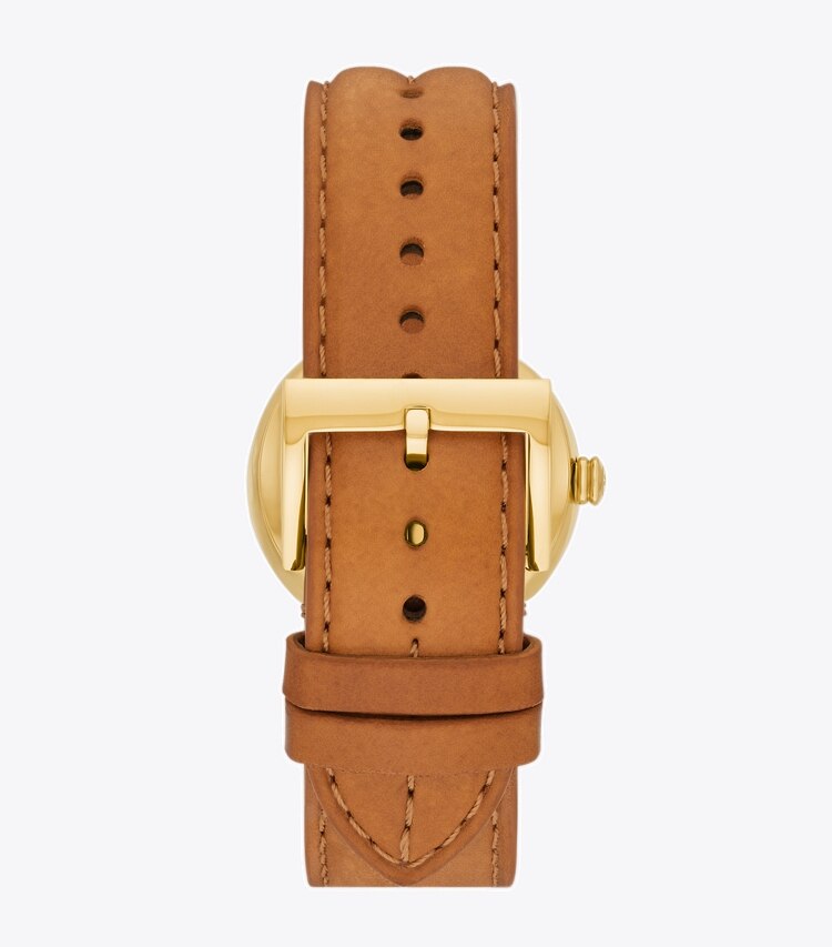 TORY BURCH KIRA WATCH, LEATHER/GOLD-TONE STAINLESS STEEL - Ivory/Gold/Luggage