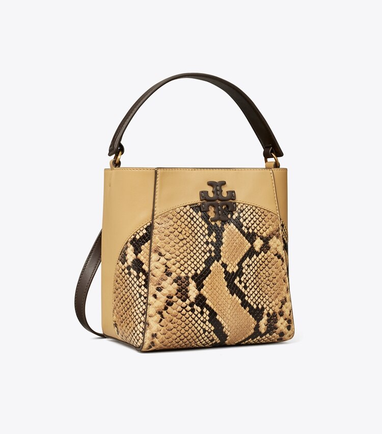 TORY BURCH SMALL MCGRAW SNAKE EMBOSSED BUCKET BAG - Sand Drift