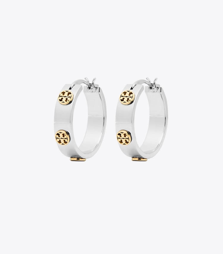 TORY BURCH SMALL MILLER STUD HUGGIE EARRING - Tory Silver / Tory Gold - Click Image to Close