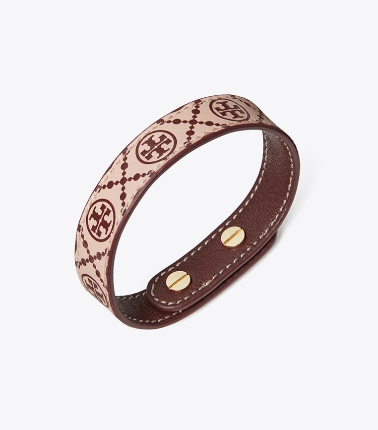 TORY BURCH MILLER LEATHER BRACELET - Tory Gold / Shell Pink / Muscadine