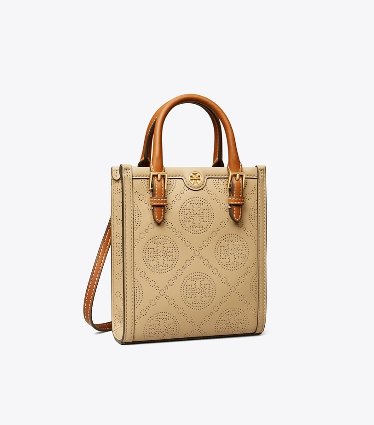 TORY BURCH MINI T MONOGRAM PERFORATED TOTE - Almond Flour - Click Image to Close