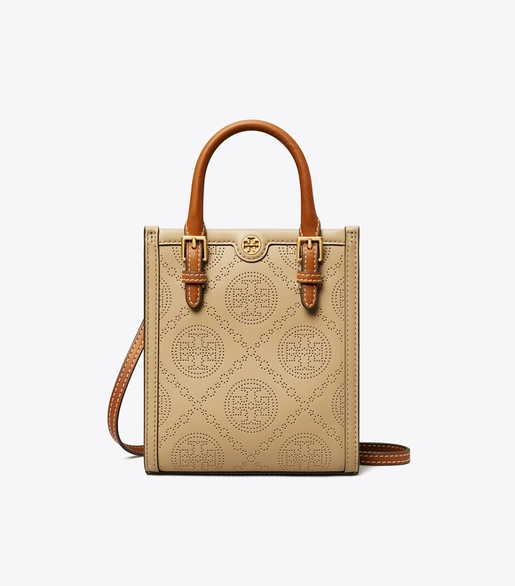 TORY BURCH MINI T MONOGRAM PERFORATED TOTE - Almond Flour