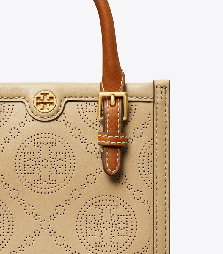 TORY BURCH MINI T MONOGRAM PERFORATED TOTE - Almond Flour