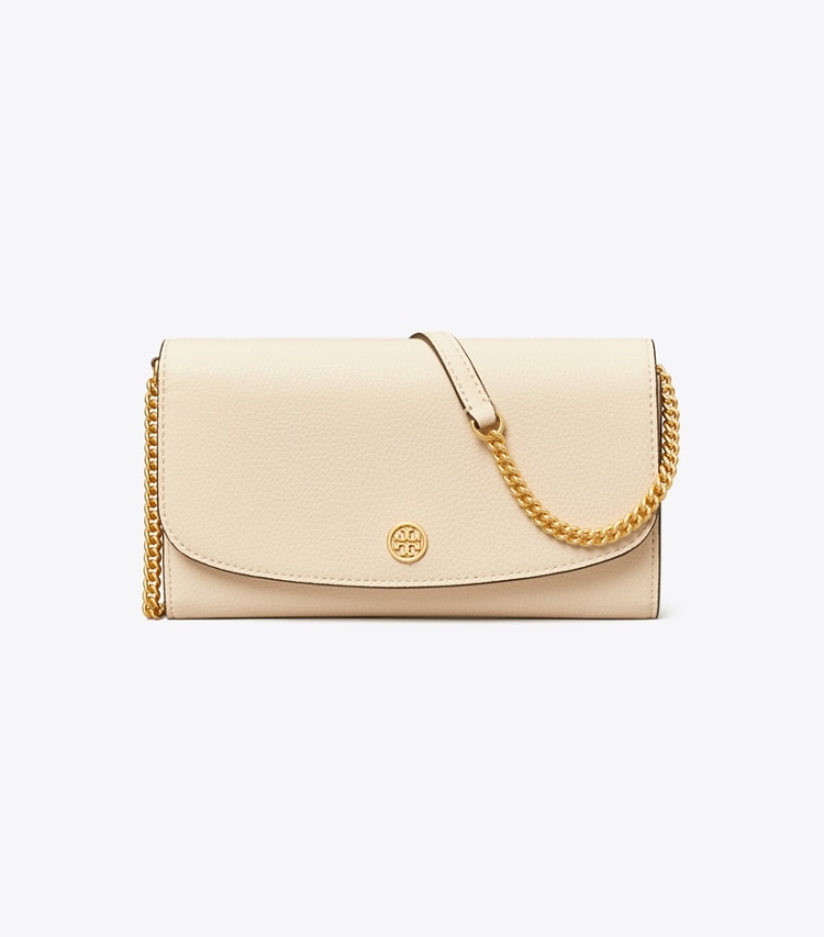 TORY BURCH ROBINSON PEBBLED CHAIN WALLET - New Cream