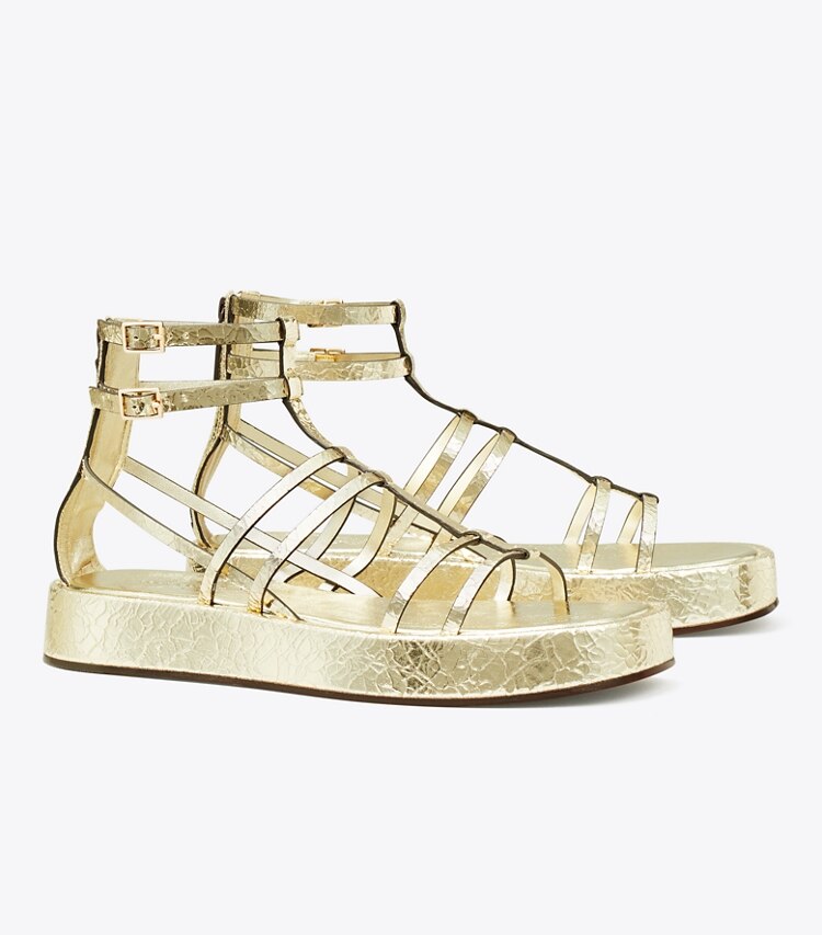 TORY BURCH CAPRI METALLIC PLATFORM GLADIATOR SANDAL - Platino