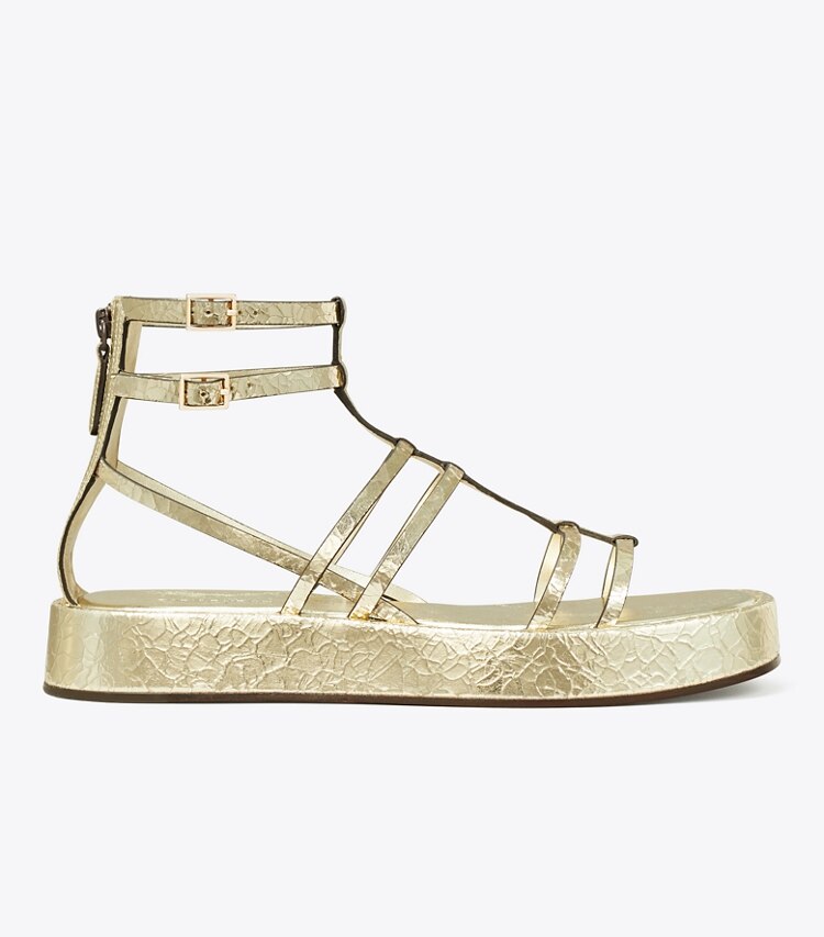 TORY BURCH CAPRI METALLIC PLATFORM GLADIATOR SANDAL - Platino