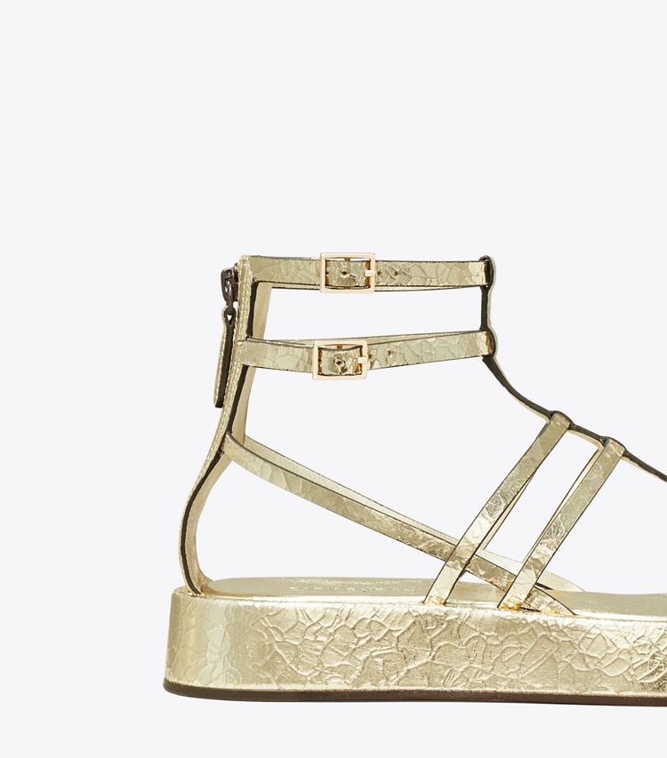 TORY BURCH CAPRI METALLIC PLATFORM GLADIATOR SANDAL - Platino