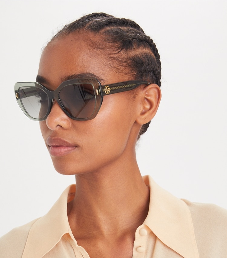 TORY BURCH MILLER OVERSIZED CAT-EYE SUNGLASSES - Transparent Sage/ Light Grey Gradient