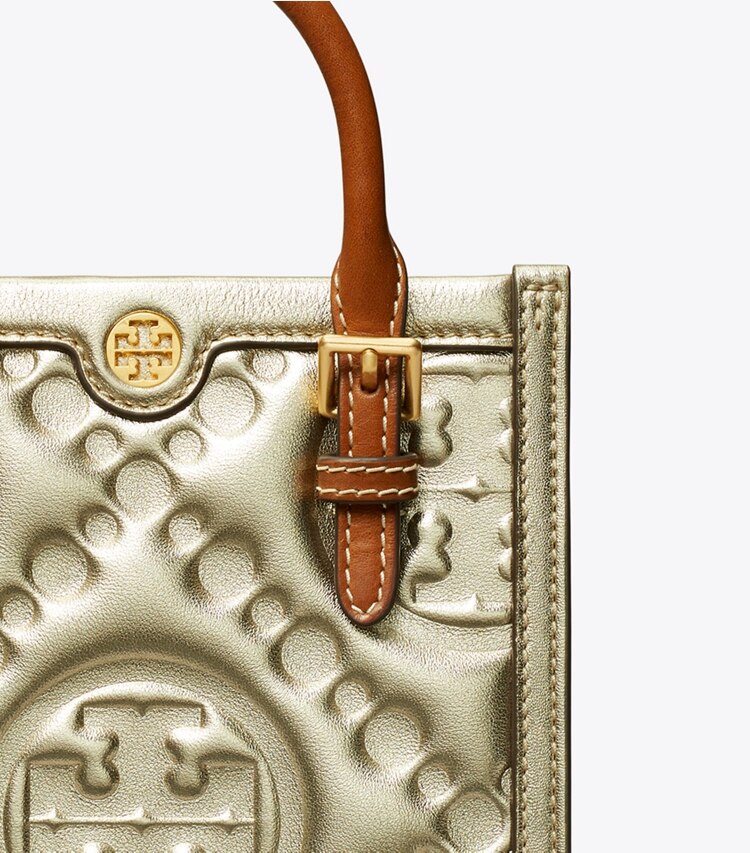 TORY BURCH T MONOGRAM EMBOSSED METALLIC MINI TOTE - Gold