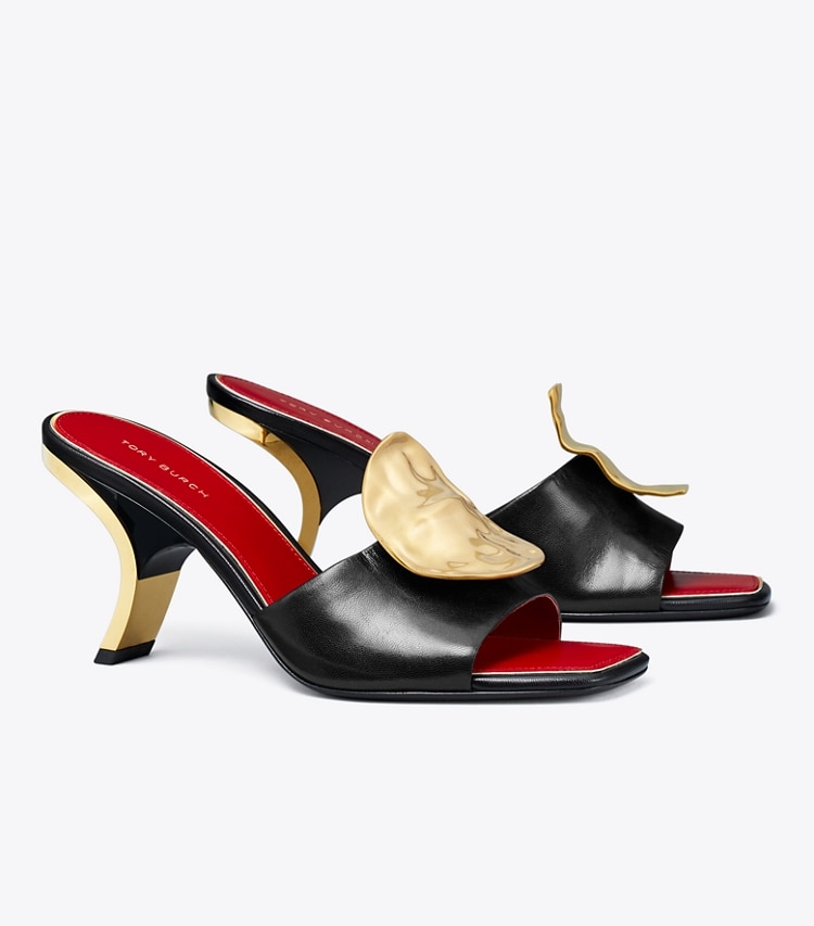 TORY BURCH PATOS MISMATCHED HEEL SANDAL - Perfect Black / Tory Red / Tory Red - Click Image to Close