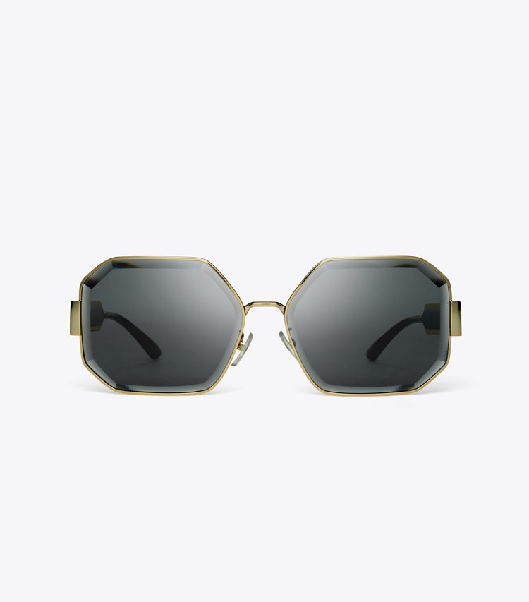 TORY BURCH KIRA FACETED GEOMETRIC SUNGLASSES - Shiny Light Gold/Solid Grey - Click Image to Close