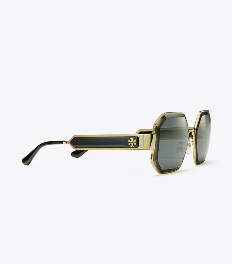 TORY BURCH KIRA FACETED GEOMETRIC SUNGLASSES - Shiny Light Gold/Solid Grey