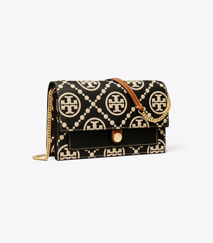 TORY BURCH T MONOGRAM CONTRAST EMBOSSED CHAIN WALLET - Black / New Cream