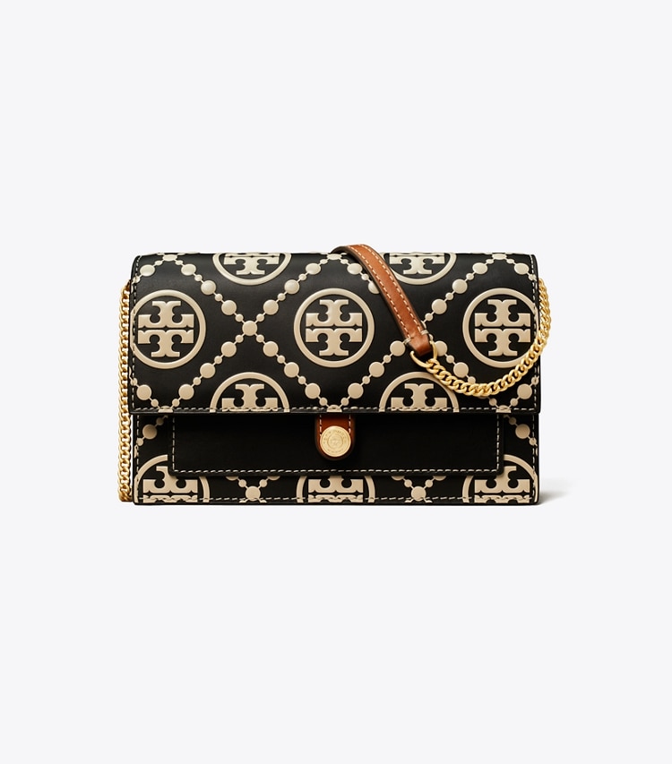 TORY BURCH T MONOGRAM CONTRAST EMBOSSED CHAIN WALLET - Black / New Cream