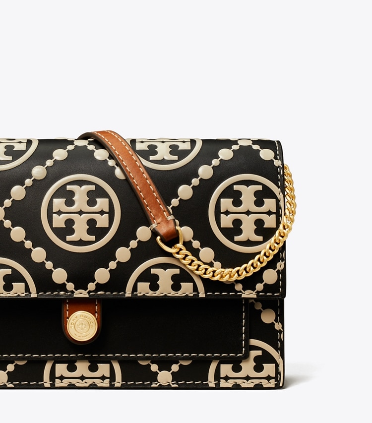 TORY BURCH T MONOGRAM CONTRAST EMBOSSED CHAIN WALLET - Black / New Cream