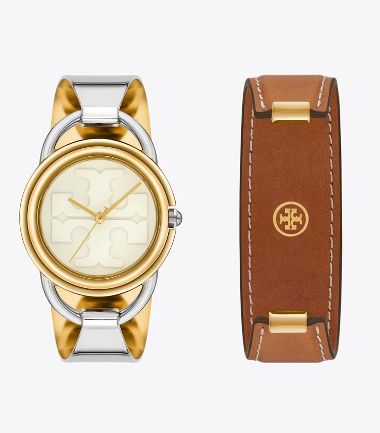 TORY BURCH MILLER WATCH GIFT SET, LEATHER/TWO-TONE STAINLESS STEEL - Ivory/Two-Tone/Gold/Luggage