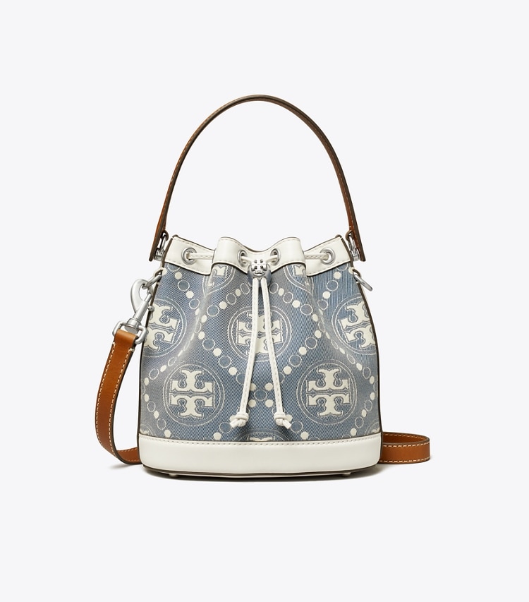 TORY BURCH T MONOGRAM DENIM BUCKET BAG - Pearl Blue