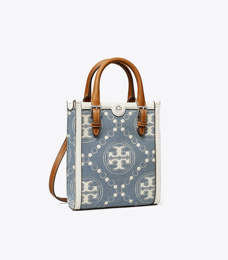 TORY BURCH MINI T MONOGRAM DENIM TOTE - Pearl Blue - Click Image to Close