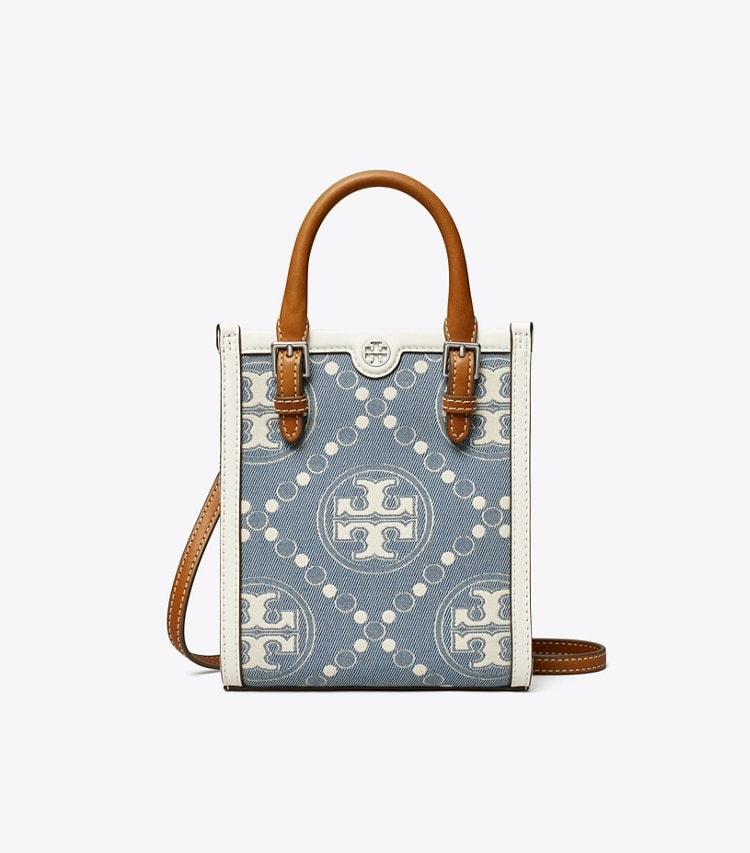 TORY BURCH MINI T MONOGRAM DENIM TOTE - Pearl Blue